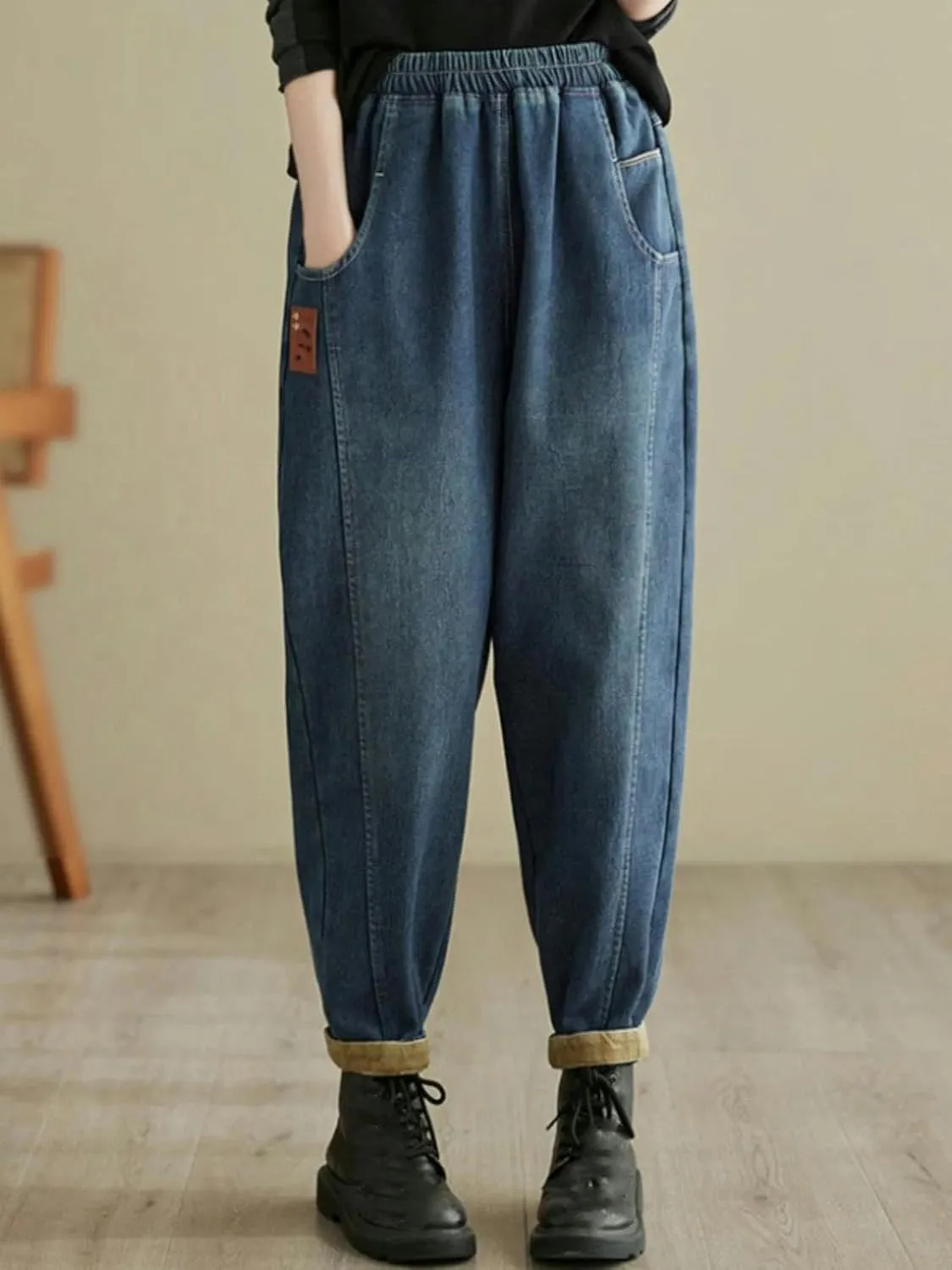 Winter Women Denim Pants Elastic Waist Warm Simple Pocket Patchwork Harem Jeans Loose Casual Trosuers