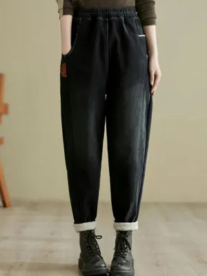Winter Women Denim Pants Elastic Waist Warm Simple Pocket Patchwork Harem Jeans Loose Casual Trosuers