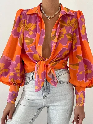 Women's Blouses Printed Lapel Puff Long Sleeve Blouse