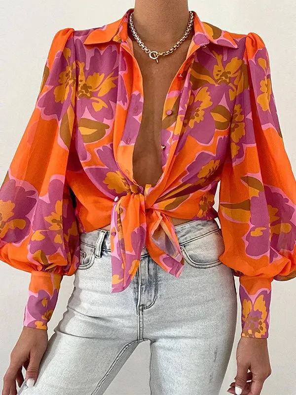Women's Blouses Printed Lapel Puff Long Sleeve Blouse