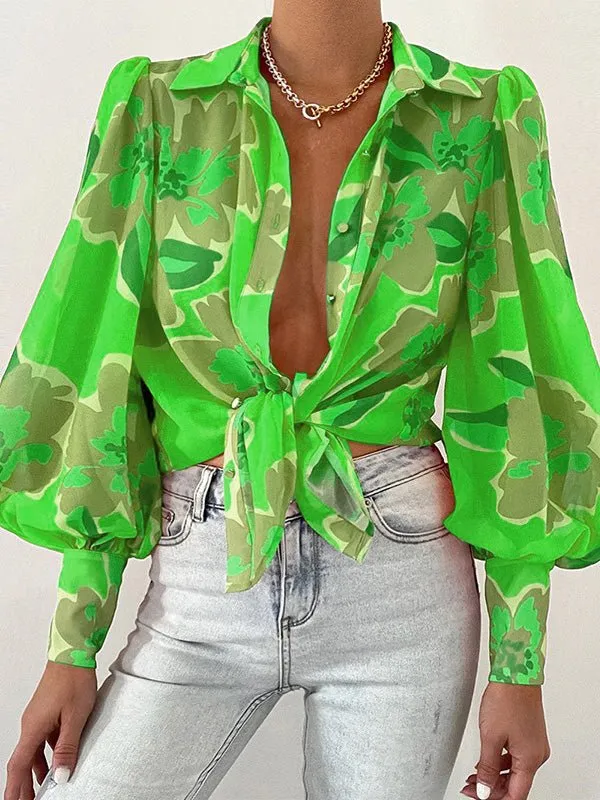 Women's Blouses Printed Lapel Puff Long Sleeve Blouse