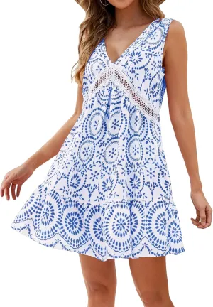 Womens Boho Floral Print Mini Dress Summer V Neck Sleeveless Bathing Suit A Line Sundress Vacation Beach Dress