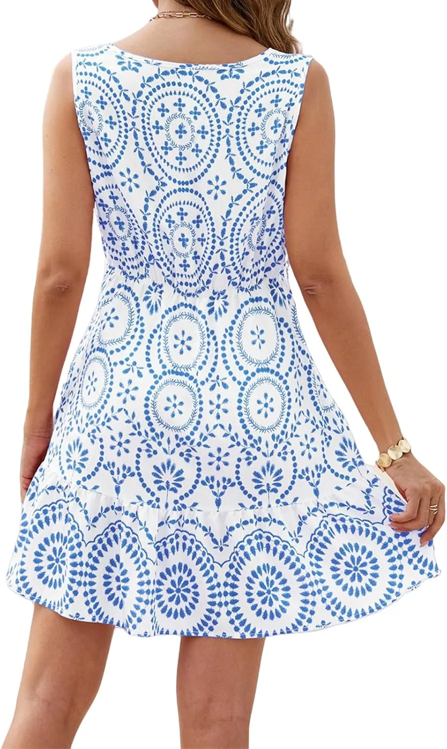 Womens Boho Floral Print Mini Dress Summer V Neck Sleeveless Bathing Suit A Line Sundress Vacation Beach Dress