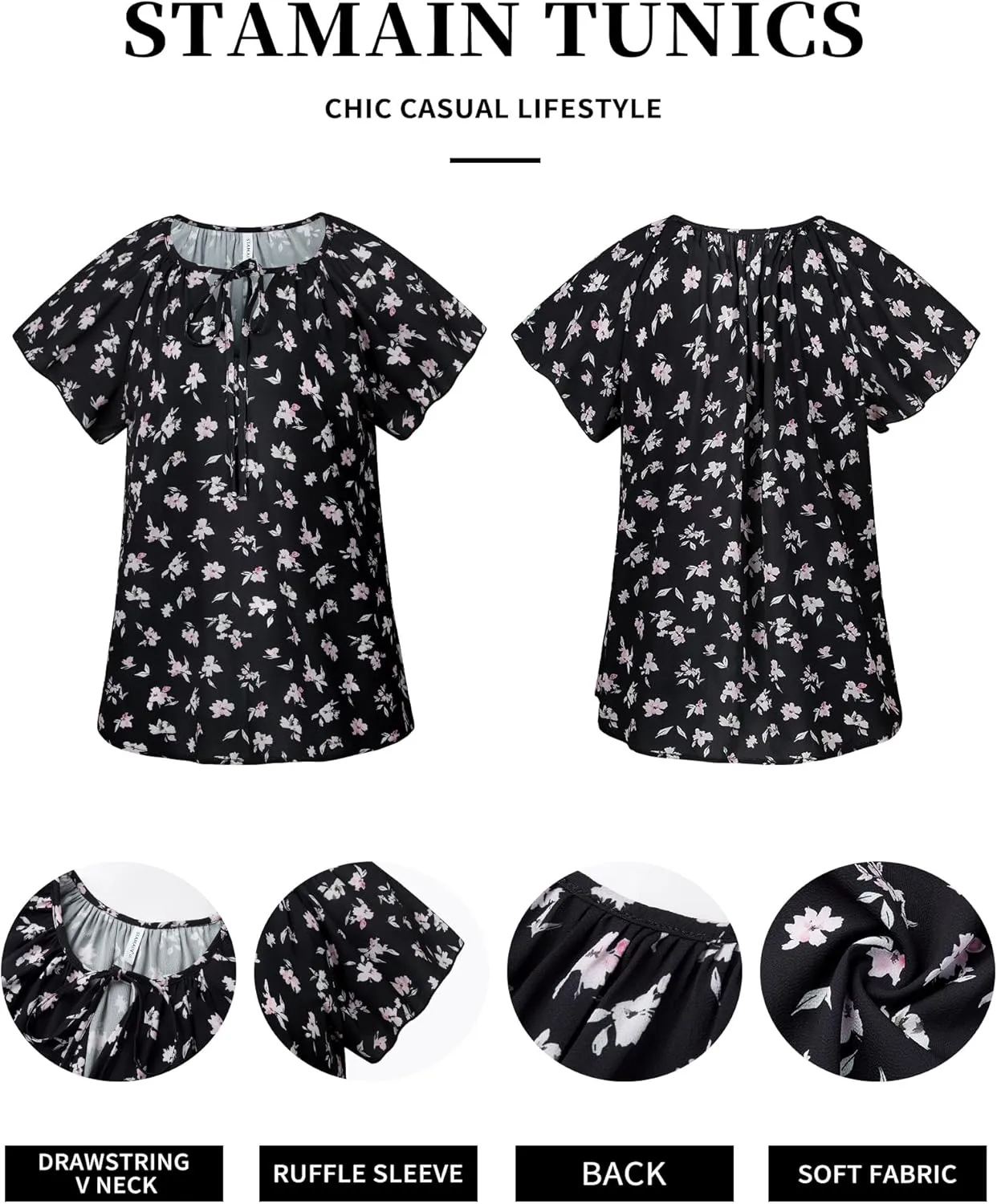 Women's Boho Tops Floral V Neck Blouses Short Sleeve Summer Shirts Dressy Casual Ruffle Tunic Top with Leggings
