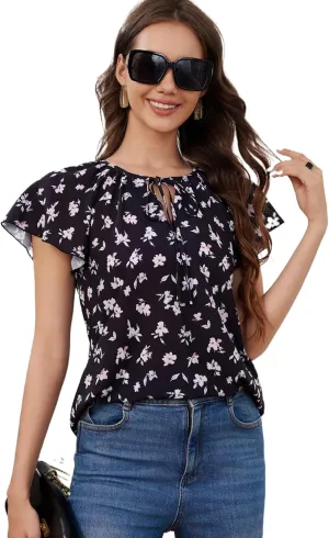 Women's Boho Tops Floral V Neck Blouses Short Sleeve Summer Shirts Dressy Casual Ruffle Tunic Top with Leggings