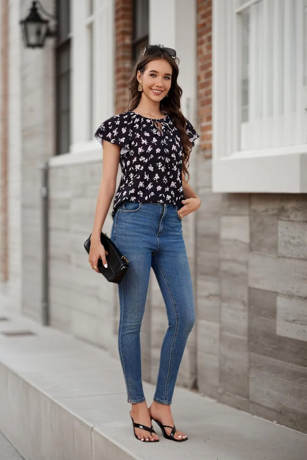 Women's Boho Tops Floral V Neck Blouses Short Sleeve Summer Shirts Dressy Casual Ruffle Tunic Top with Leggings