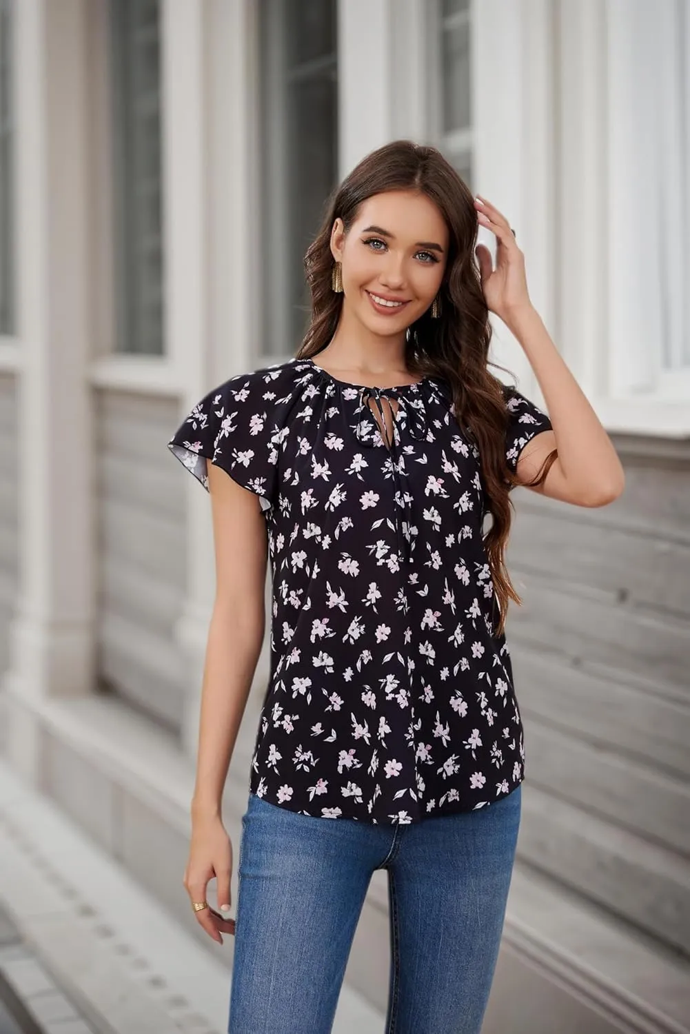 Women's Boho Tops Floral V Neck Blouses Short Sleeve Summer Shirts Dressy Casual Ruffle Tunic Top with Leggings