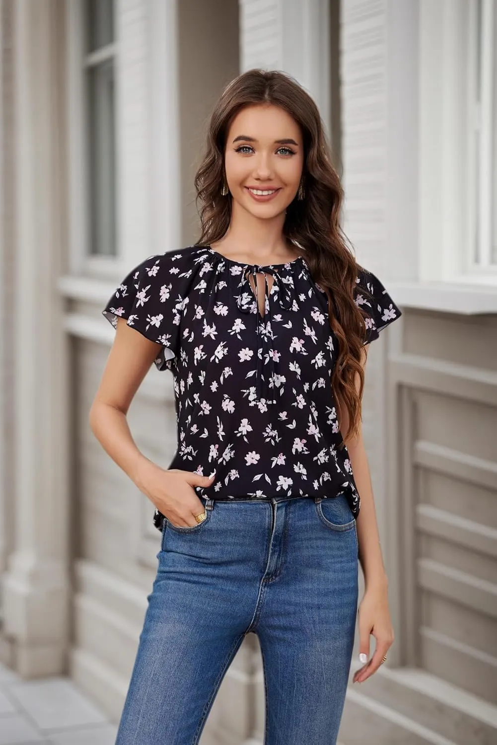 Women's Boho Tops Floral V Neck Blouses Short Sleeve Summer Shirts Dressy Casual Ruffle Tunic Top with Leggings