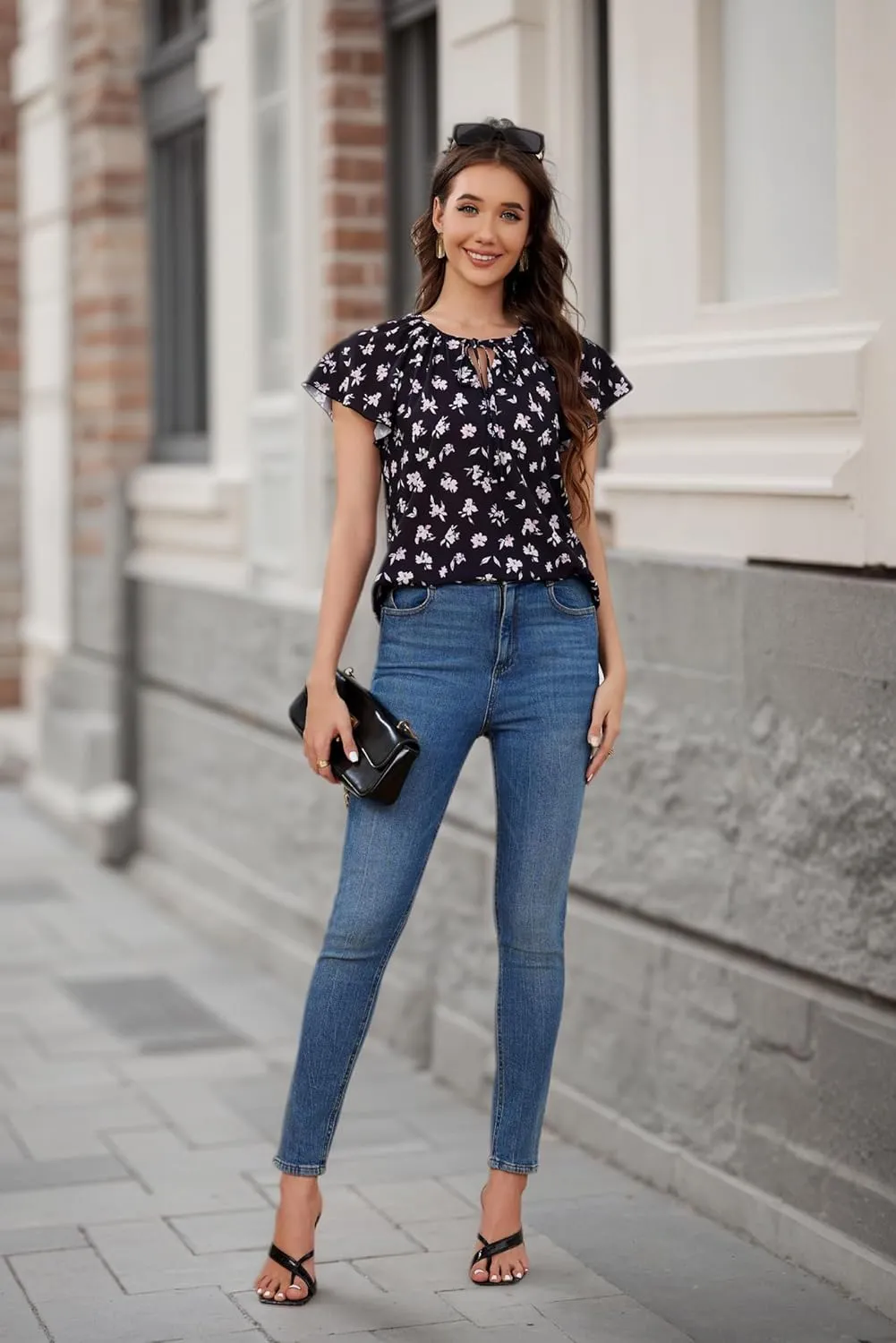 Women's Boho Tops Floral V Neck Blouses Short Sleeve Summer Shirts Dressy Casual Ruffle Tunic Top with Leggings