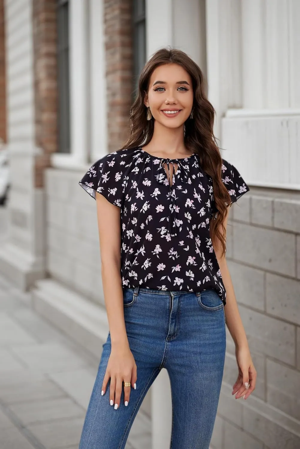 Women's Boho Tops Floral V Neck Blouses Short Sleeve Summer Shirts Dressy Casual Ruffle Tunic Top with Leggings
