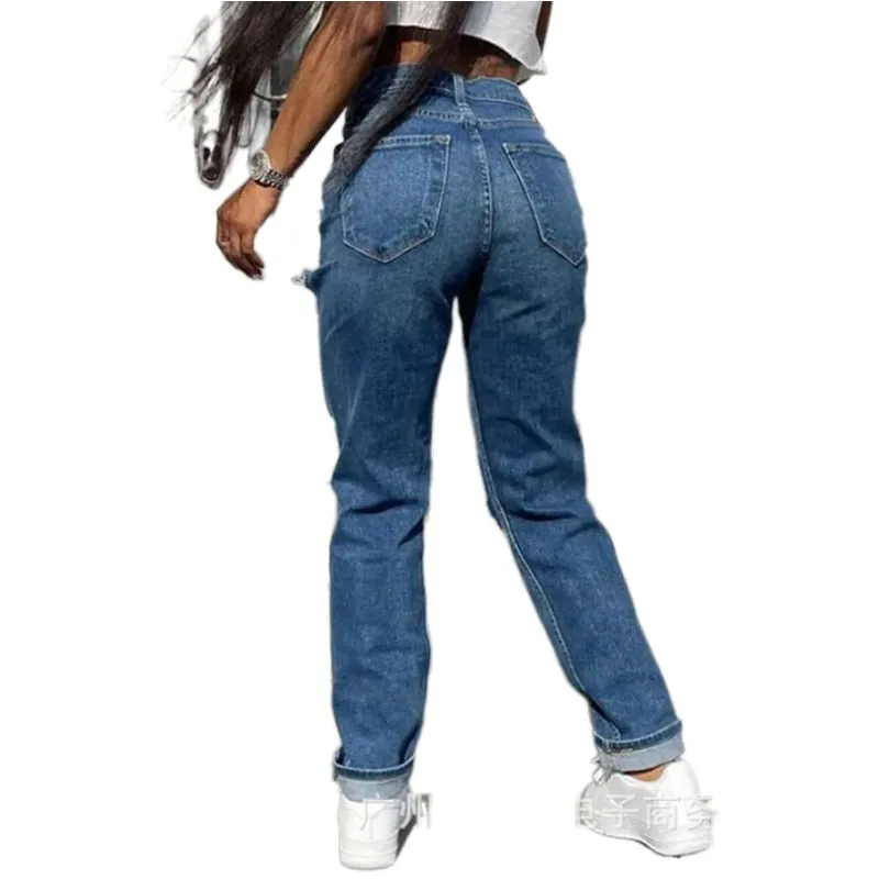 Women's Hollowed Out Ripped Boyfriend Straight Jeans Sizes S-XXXL