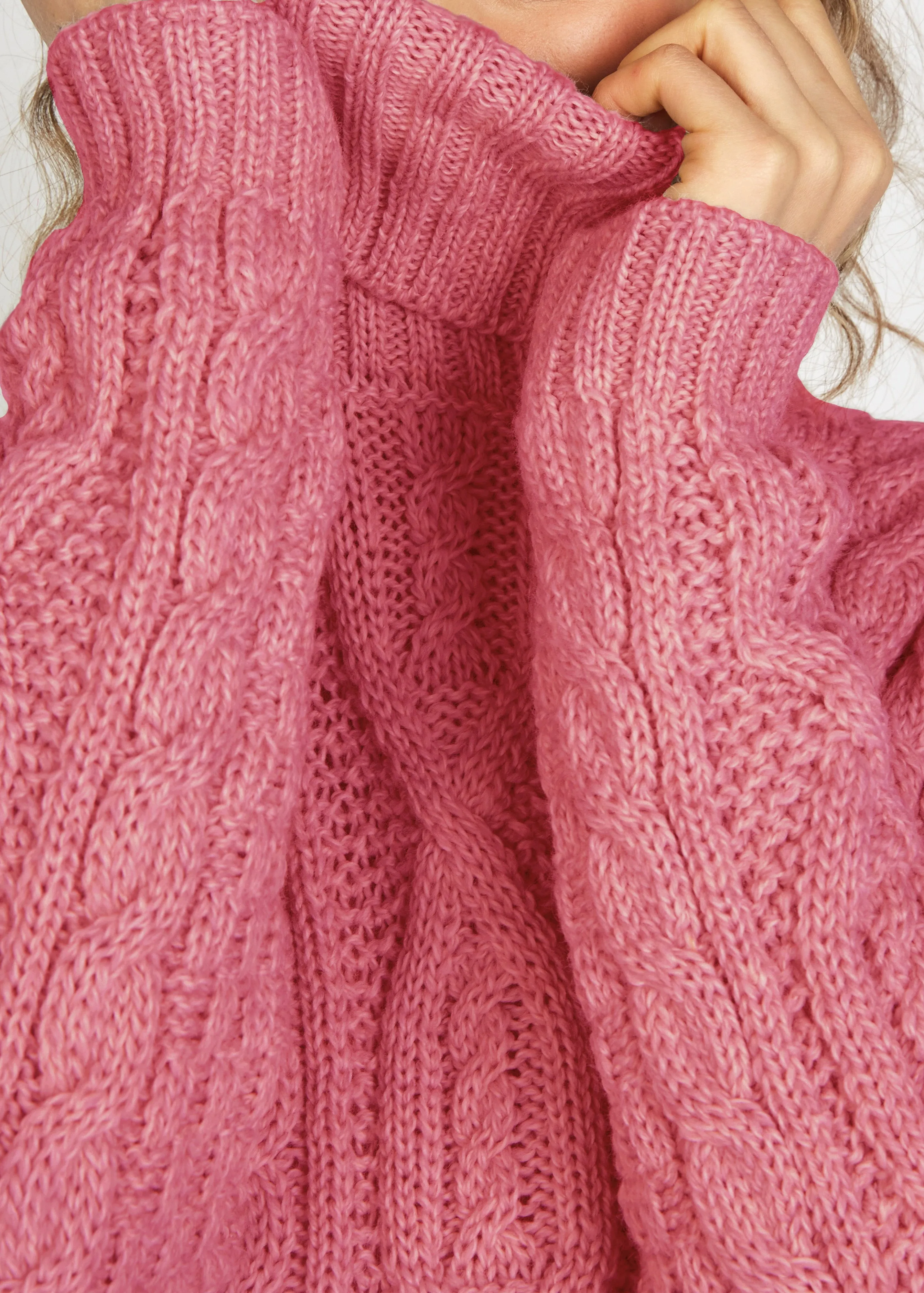 Women's Polo Neck Aran Sweater | Rosa Pink