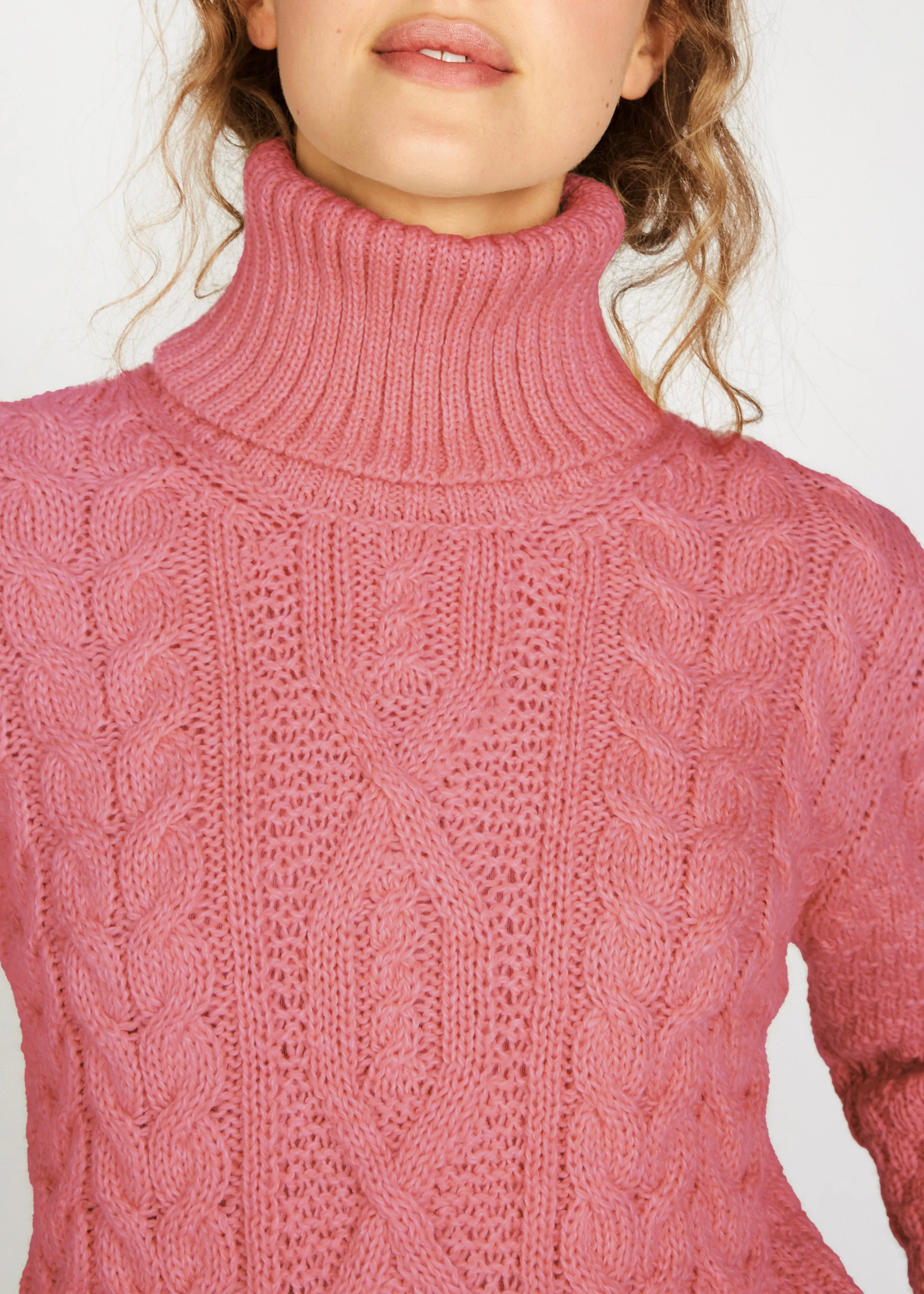 Women's Polo Neck Aran Sweater | Rosa Pink