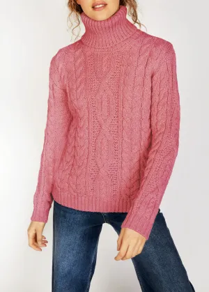 Women's Polo Neck Aran Sweater | Rosa Pink