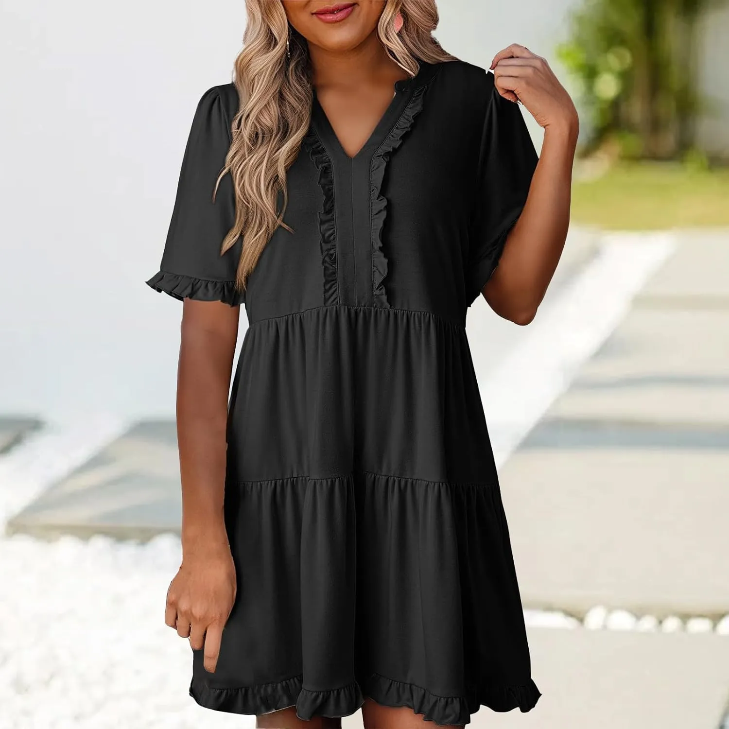 Womens Summer 2025 Ruffle Chiffon Tiered Dresses Casual A Line Flowy Swing V Neck Short Sleeve Mini Dress