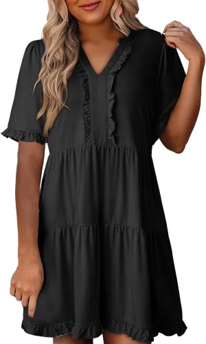 Womens Summer 2025 Ruffle Chiffon Tiered Dresses Casual A Line Flowy Swing V Neck Short Sleeve Mini Dress