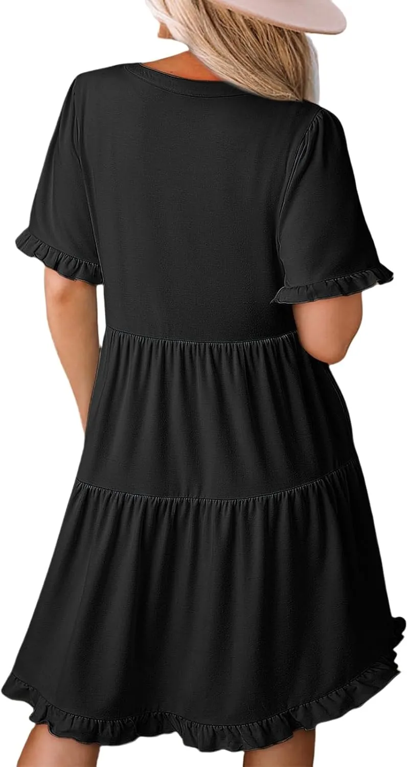 Womens Summer 2025 Ruffle Chiffon Tiered Dresses Casual A Line Flowy Swing V Neck Short Sleeve Mini Dress