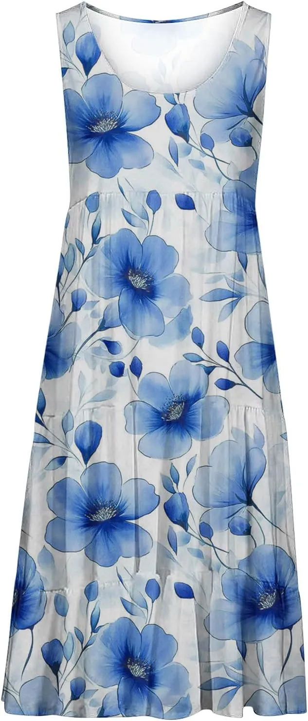 Womens Summer Dresses Tank Mini Dress Floral Spring Casual Flowy Tshirt Dress Outfits Flowy Wrap Beach Boho Sun Dress