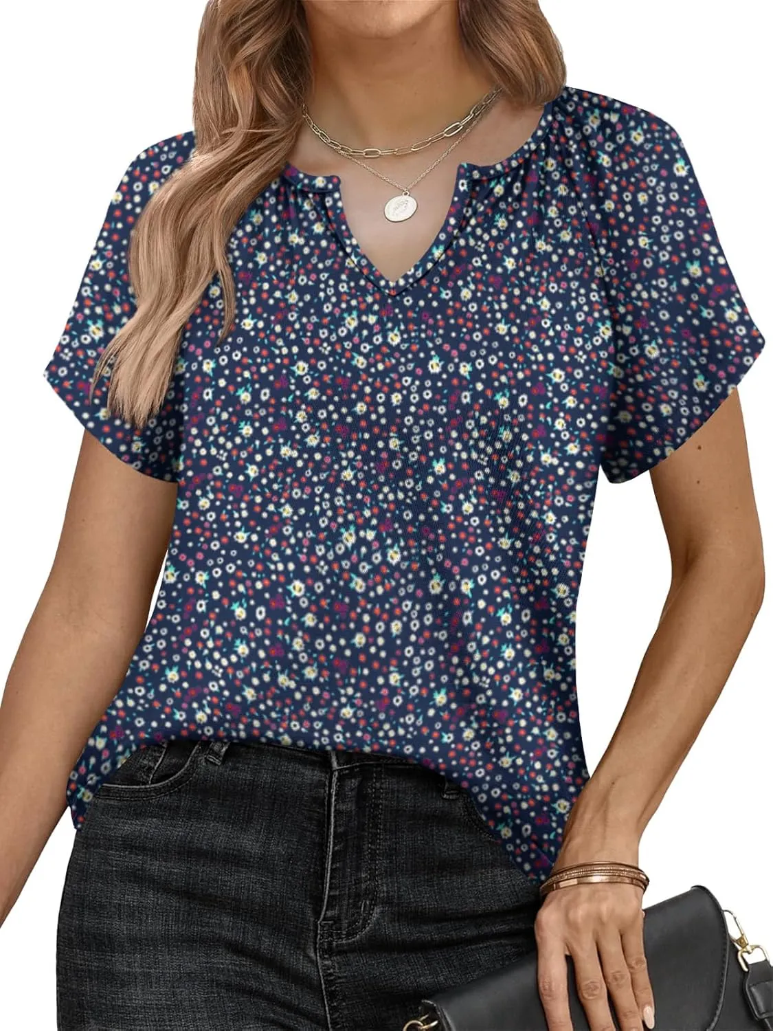 Womens Summer Tops Trendy Casual V Neck T Shirts Short Sleeve Boho Floral Blouses Loose Fit Flowy Tee