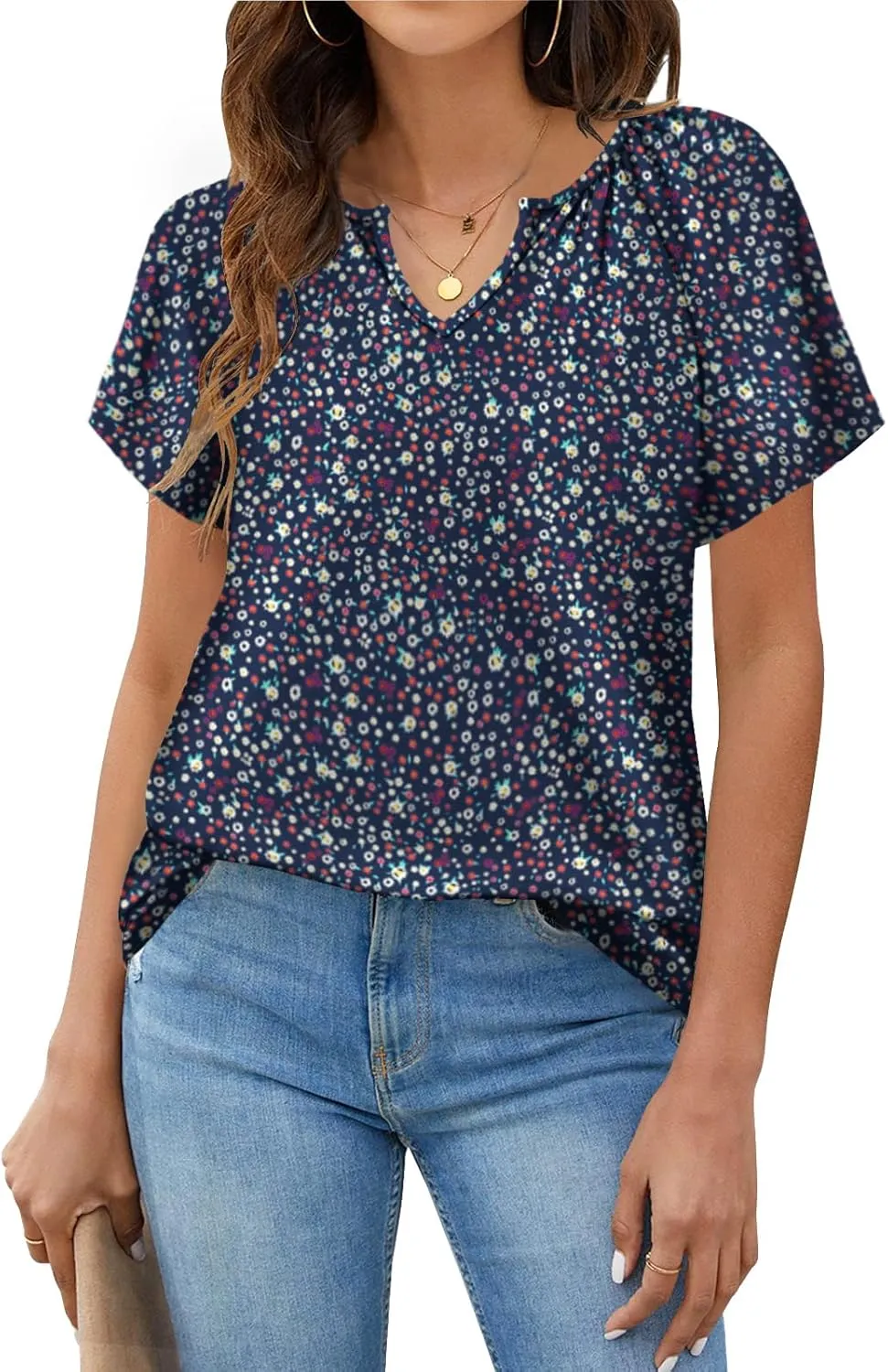 Womens Summer Tops Trendy Casual V Neck T Shirts Short Sleeve Boho Floral Blouses Loose Fit Flowy Tee