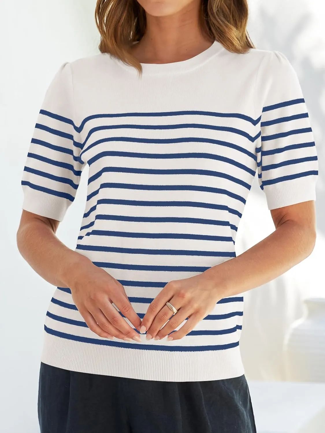 ZESICA Women's Casual Striped Tops Short Sleeve Crew Neck Ribbed Knit T Shirts Comfy Loose Basic Pullover Sweater
