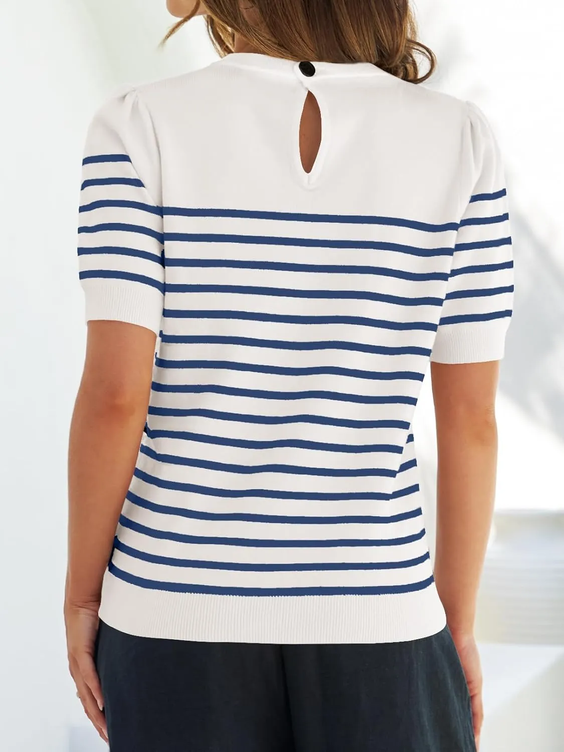ZESICA Women's Casual Striped Tops Short Sleeve Crew Neck Ribbed Knit T Shirts Comfy Loose Basic Pullover Sweater