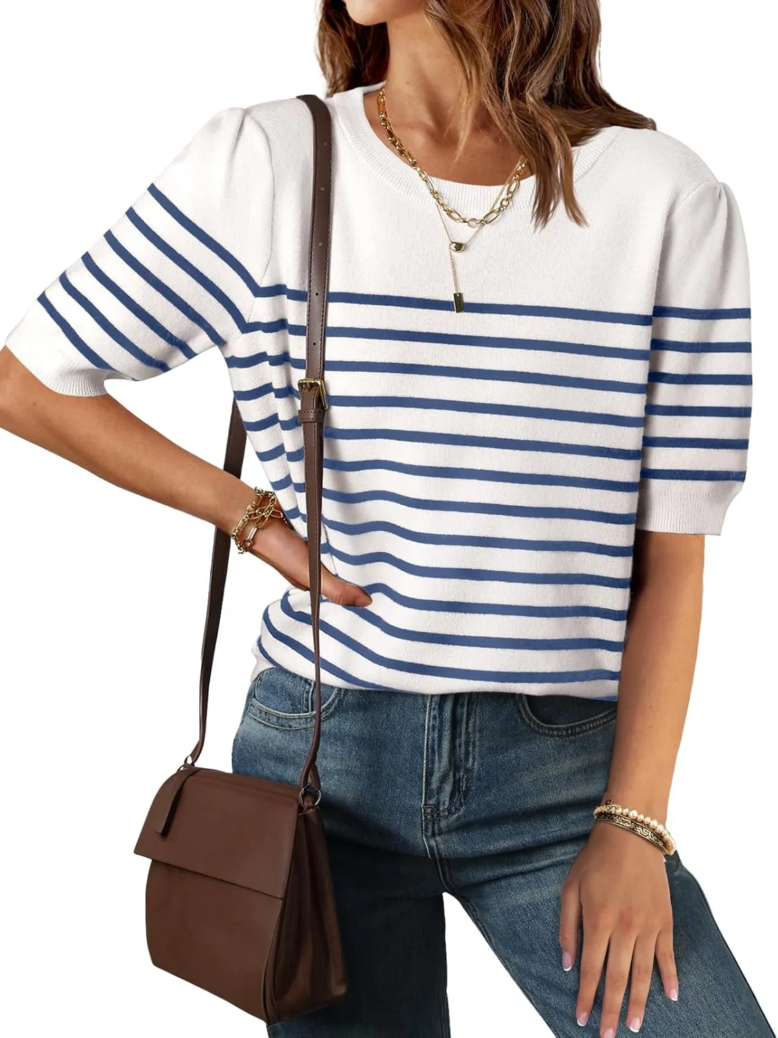 ZESICA Women's Casual Striped Tops Short Sleeve Crew Neck Ribbed Knit T Shirts Comfy Loose Basic Pullover Sweater
