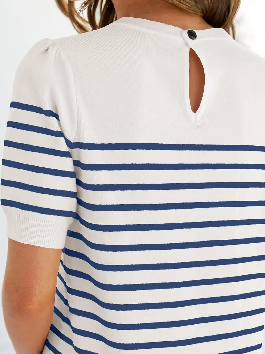 ZESICA Women's Casual Striped Tops Short Sleeve Crew Neck Ribbed Knit T Shirts Comfy Loose Basic Pullover Sweater