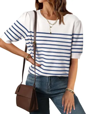 ZESICA Women's Casual Striped Tops Short Sleeve Crew Neck Ribbed Knit T Shirts Comfy Loose Basic Pullover Sweater