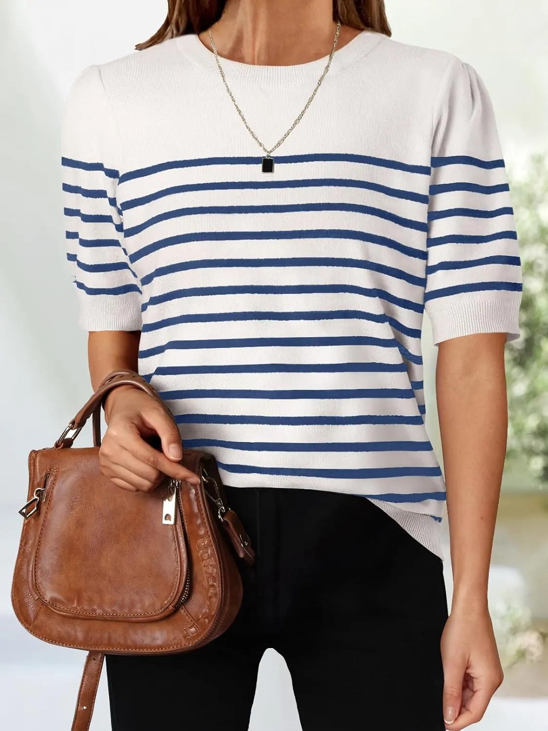ZESICA Women's Casual Striped Tops Short Sleeve Crew Neck Ribbed Knit T Shirts Comfy Loose Basic Pullover Sweater