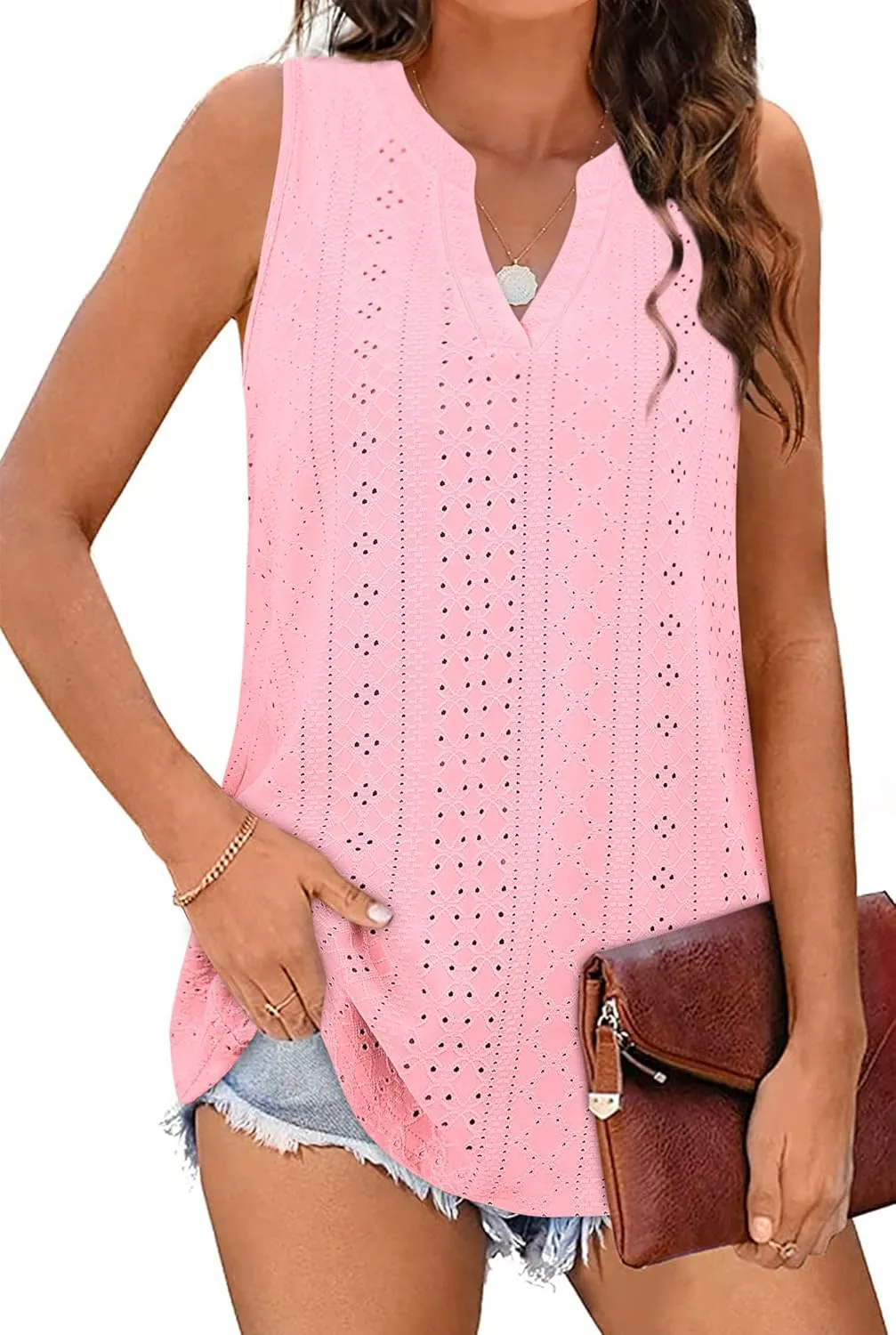 Zwurew Tank Top for Women Loose Fit Sleeveless V Neck Camisole Tops Dressy Casual Eyelet Summer Flowy Cami Shirts Blouse