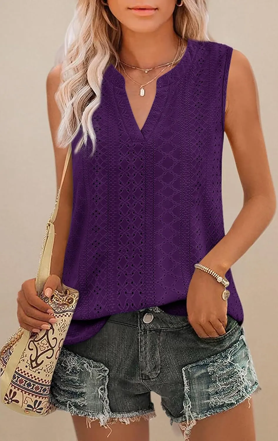 Zwurew Tank Top for Women Loose Fit Sleeveless V Neck Camisole Tops Dressy Casual Eyelet Summer Flowy Cami Shirts Blouse