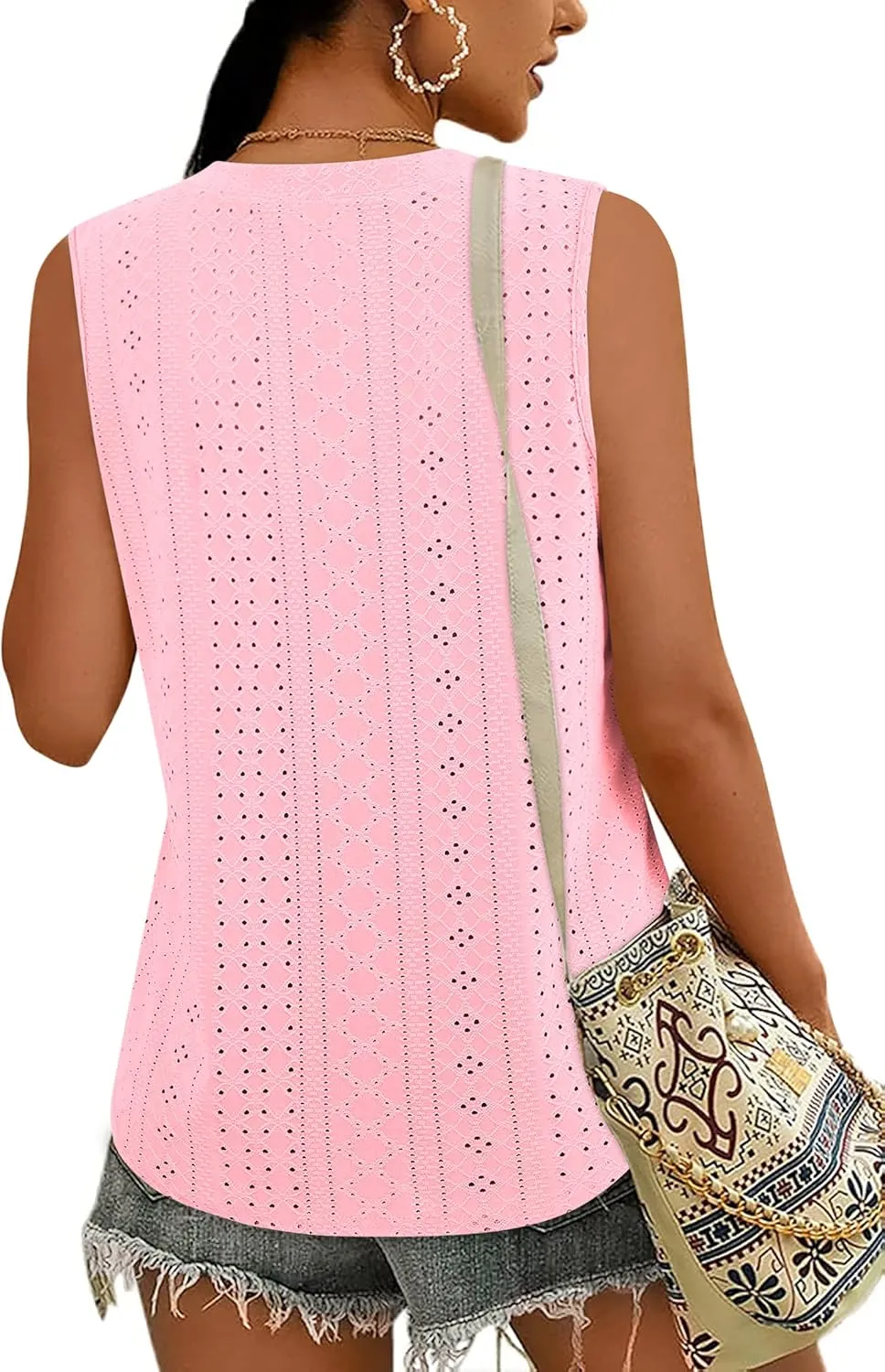 Zwurew Tank Top for Women Loose Fit Sleeveless V Neck Camisole Tops Dressy Casual Eyelet Summer Flowy Cami Shirts Blouse