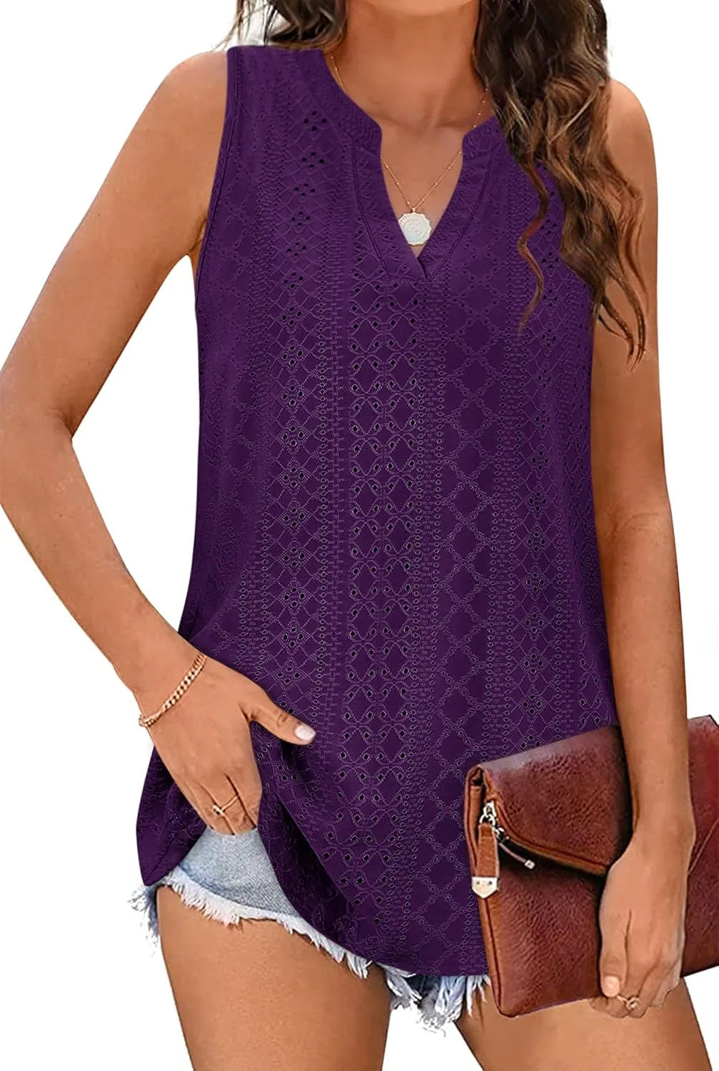 Zwurew Tank Top for Women Loose Fit Sleeveless V Neck Camisole Tops Dressy Casual Eyelet Summer Flowy Cami Shirts Blouse