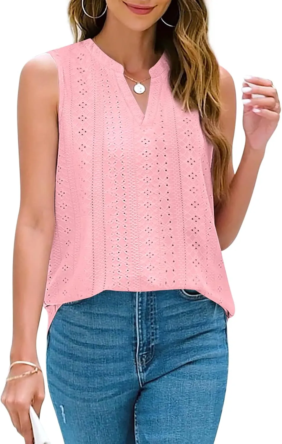 Zwurew Tank Top for Women Loose Fit Sleeveless V Neck Camisole Tops Dressy Casual Eyelet Summer Flowy Cami Shirts Blouse