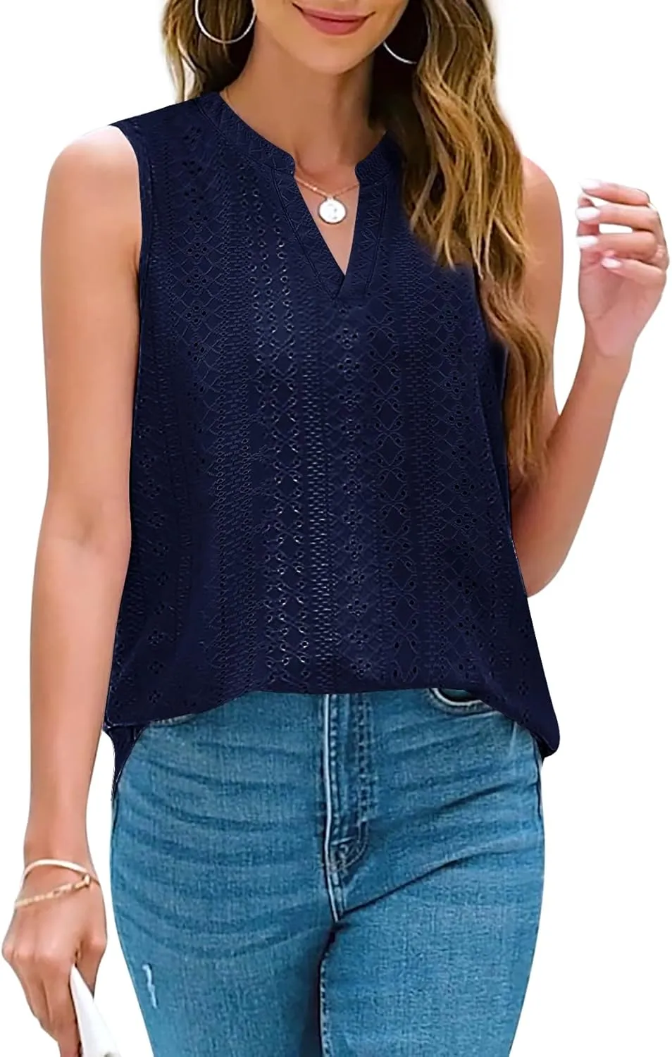 Zwurew Tank Top for Women Loose Fit Sleeveless V Neck Camisole Tops Dressy Casual Eyelet Summer Flowy Cami Shirts Blouse