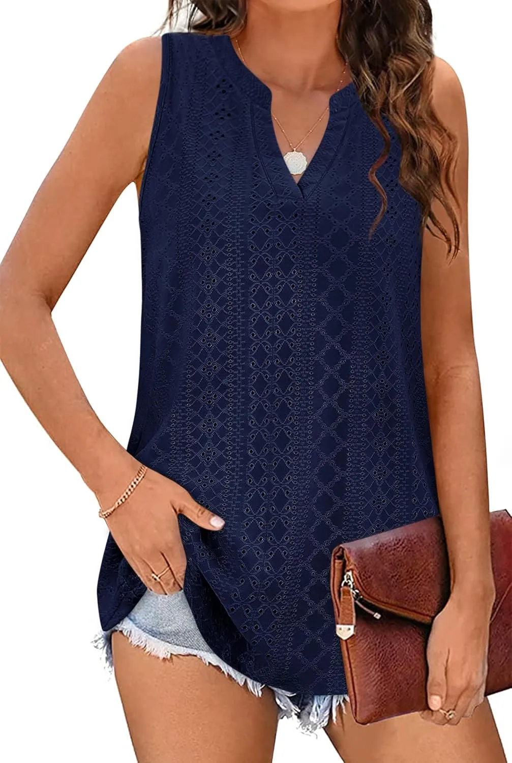 Zwurew Tank Top for Women Loose Fit Sleeveless V Neck Camisole Tops Dressy Casual Eyelet Summer Flowy Cami Shirts Blouse