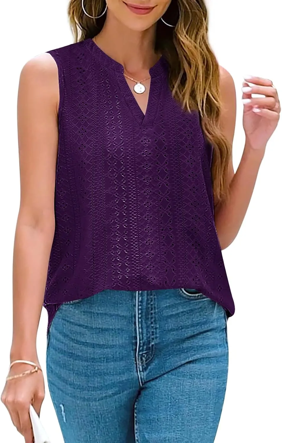 Zwurew Tank Top for Women Loose Fit Sleeveless V Neck Camisole Tops Dressy Casual Eyelet Summer Flowy Cami Shirts Blouse