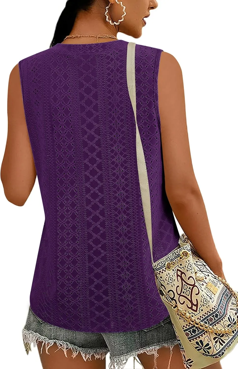 Zwurew Tank Top for Women Loose Fit Sleeveless V Neck Camisole Tops Dressy Casual Eyelet Summer Flowy Cami Shirts Blouse