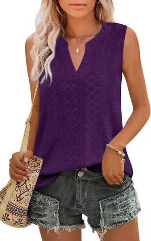 Zwurew Tank Top for Women Loose Fit Sleeveless V Neck Camisole Tops Dressy Casual Eyelet Summer Flowy Cami Shirts Blouse