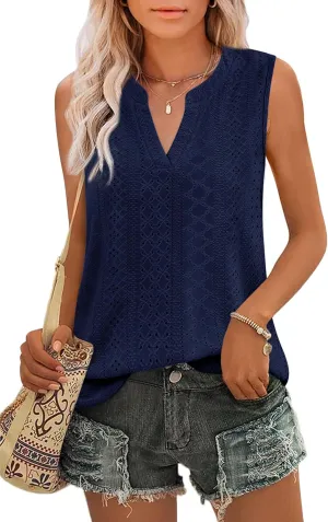 Zwurew Tank Top for Women Loose Fit Sleeveless V Neck Camisole Tops Dressy Casual Eyelet Summer Flowy Cami Shirts Blouse
